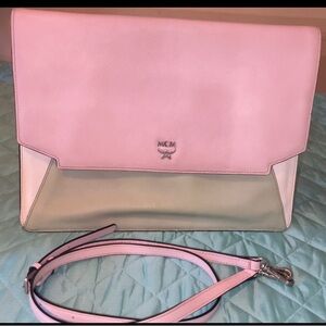 MCM Elda Envelope Pink Green & Cream clutch/shoulder Bag EUC colorblock slim